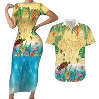 Hawaiian Alohawaii Couples Matching Short Sleeve Bodycon Dress and Hawaiian Shirt Tropical Plants and Animals on The Beach - Polynesian Pride