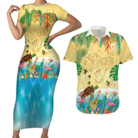 Hawaiian Alohawaii Couples Matching Short Sleeve Bodycon Dress and Hawaiian Shirt Tropical Plants and Animals on The Beach LT03 Multicolor - Polynesian Pride