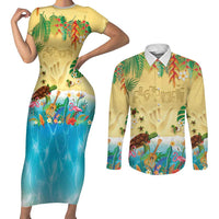 Hawaiian Alohawaii Couples Matching Short Sleeve Bodycon Dress and Long Sleeve Button Shirt Tropical Plants and Animals on The Beach - Polynesian Pride