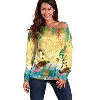 Hawaiian Alohawaii Off Shoulder Sweater Tropical Plants and Animals on The Beach - Polynesian Pride
