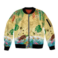 Hawaiian Alohawaii Sleeve Zip Bomber Jacket Tropical Plants and Animals on The Beach - Polynesian Pride