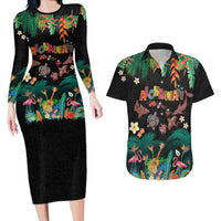 Hawaiian Alohawaii Couples Matching Long Sleeve Bodycon Dress and Hawaiian Shirt Tribal Sea Animals Tattoo and Tropical Plants LT03 Black - Polynesian Pride