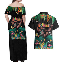 Hawaiian Alohawaii Couples Matching Off Shoulder Maxi Dress and Hawaiian Shirt Tribal Sea Animals Tattoo and Tropical Plants LT03 - Polynesian Pride