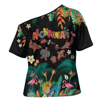 Hawaiian Alohawaii Cross Shoulder Shirt Tribal Sea Animals Tattoo and Tropical Plants - Polynesian Pride