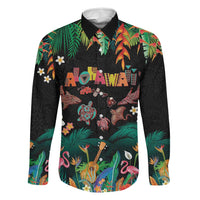 Hawaiian Alohawaii Family Matching Off Shoulder Maxi Dress and Hawaiian Shirt Tribal Sea Animals Tattoo and Tropical Plants LT03 Dad's Shirt - Long Sleeve Black - Polynesian Pride