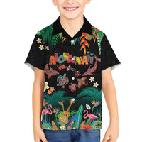 Hawaiian Alohawaii Family Matching Off Shoulder Maxi Dress and Hawaiian Shirt Tribal Sea Animals Tattoo and Tropical Plants LT03 Son's Shirt Black - Polynesian Pride