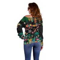 Hawaiian Alohawaii Off Shoulder Sweater Tribal Sea Animals Tattoo and Tropical Plants - Polynesian Pride