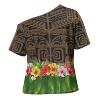 Hawaiian Hula Costume Cross Shoulder Shirt Tribal Tattoo and Tropical Plants Skirt LT03 - Polynesian Pride