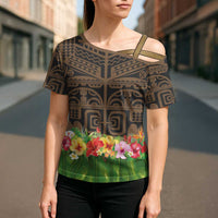 Hawaiian Hula Costume Cross Shoulder Shirt Tribal Tattoo and Tropical Plants Skirt - Polynesian Pride