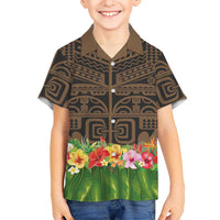 Hawaiian Hula Costume Kid Hawaiian Shirt Tribal Tattoo and Tropical Plants Skirt LT03 Kid Brown - Polynesian Pride