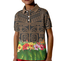 Hawaiian Hula Costume Kid Polo Shirt Tribal Tattoo and Tropical Plants Skirt LT03 Kid Brown - Polynesian Pride