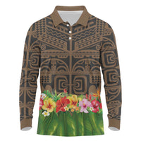 Hawaiian Hula Costume Long Sleeve Polo Shirt Tribal Tattoo and Tropical Plants Skirt - Polynesian Pride