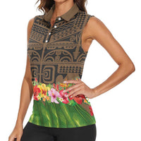 Hawaiian Hula Costume Women Sleeveless Polo Shirt Tribal Tattoo and Tropical Plants Skirt - Polynesian Pride