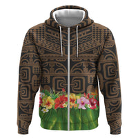Hawaiian Hula Costume Zip Hoodie Tribal Tattoo and Tropical Plants Skirt - Polynesian Pride
