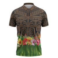 Hawaiian Hula Costume Zipper Polo Shirt Tribal Tattoo and Tropical Plants Skirt LT03 Brown - Polynesian Pride