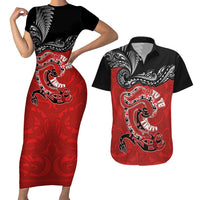 Personalised Aotearoa Toitu Te Tiriti Couples Matching Short Sleeve Bodycon Dress and Hawaiian Shirt Taniwha Tribal Motifs LT03 Multicolor - Polynesian Pride