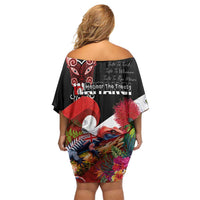 Aotearoa Toitu Te Tiriti Off Shoulder Short Dress Waitangi-Honour The Treaty NZ Tuatara and Plants LT03 - Polynesian Pride