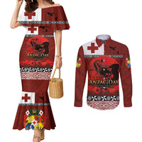 Tonga ANZAC Day Couples Matching Mermaid Dress and Long Sleeve Button Shirt Gallipoli Lest We Forget Ngatu Art Tribal
