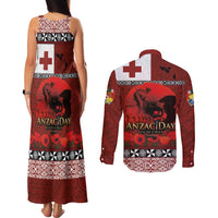 Tonga ANZAC Day Couples Matching Tank Maxi Dress and Long Sleeve Button Shirt Gallipoli Lest We Forget Ngatu Art Tribal