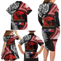 Tonga and New Zealand ANZAC Day Family Matching Long Sleeve Bodycon Dress and Hawaiian Shirt Gallipoli Lest We Forget Ngatu Art Tribal and Maori Tattoo with Fern LT03