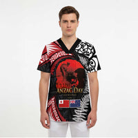 Tonga and New Zealand ANZAC Day Scrub Top Gallipoli Lest We Forget Ngatu Art Tribal and Maori Tattoo with Fern - Polynesian Pride