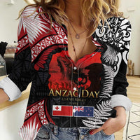 Tonga and New Zealand ANZAC Day Women Casual Shirt Gallipoli Lest We Forget Ngatu Art Tribal and Maori Tattoo with Fern LT03