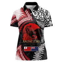 Tonga and New Zealand ANZAC Day Women Polo Shirt Gallipoli Lest We Forget Ngatu Art Tribal and Maori Tattoo with Fern LT03 Female Black - Polynesian Pride