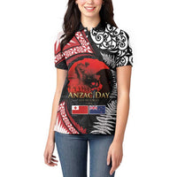 Tonga and New Zealand ANZAC Day Women Polo Shirt Gallipoli Lest We Forget Ngatu Art Tribal and Maori Tattoo with Fern LT03 - Polynesian Pride