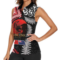 Tonga and New Zealand ANZAC Day Women Sleeveless Polo Shirt Gallipoli Lest We Forget Ngatu Art Tribal and Maori Tattoo with Fern LT03 - Polynesian Pride