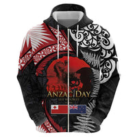 Tonga and New Zealand ANZAC Day Zip Hoodie Gallipoli Lest We Forget Ngatu Art Tribal and Maori Tattoo with Fern LT03