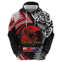Tonga and New Zealand ANZAC Day Zip Hoodie Gallipoli Lest We Forget Ngatu Art Tribal and Maori Tattoo with Fern LT03