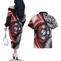 Tonga and New Zealand Together Couples Matching Off The Shoulder Long Sleeve Dress and Hawaiian Shirt Ngatu Art Tribal Maori Tattoo and Silver Fern