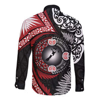 Tonga and New Zealand Together Long Sleeve Button Shirt Ngatu Art Tribal Maori Tattoo and Silver Fern