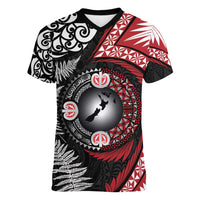 Tonga and New Zealand Together Women V-Neck T-Shirt Ngatu Art Tribal Maori Tattoo and Silver Fern