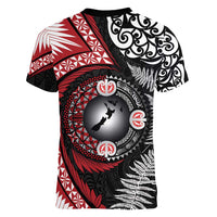 Tonga and New Zealand Together Women V-Neck T-Shirt Ngatu Art Tribal Maori Tattoo and Silver Fern