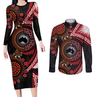 Tonga and Australia Together Couples Matching Long Sleeve Bodycon Dress and Long Sleeve Button Shirt Ngatu Art Tribal Aboriginal Tattoo Pattern