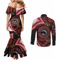Tonga and Australia Together Couples Matching Mermaid Dress and Long Sleeve Button Shirt Ngatu Art Tribal Aboriginal Tattoo Pattern