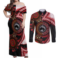 Tonga and Australia Together Couples Matching Off Shoulder Maxi Dress and Long Sleeve Button Shirt Ngatu Art Tribal Aboriginal Tattoo Pattern LT03 Black - Polynesian Pride