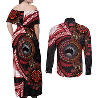 Tonga and Australia Together Couples Matching Off Shoulder Maxi Dress and Long Sleeve Button Shirt Ngatu Art Tribal Aboriginal Tattoo Pattern LT03 - Polynesian Pride