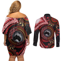 Tonga and Australia Together Couples Matching Off Shoulder Short Dress and Long Sleeve Button Shirt Ngatu Art Tribal Aboriginal Tattoo Pattern LT03 - Polynesian Pride