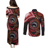 Tonga and Australia Together Couples Matching Puletasi and Long Sleeve Button Shirt Ngatu Art Tribal Aboriginal Tattoo Pattern