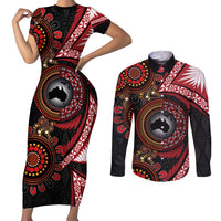 Tonga and Australia Together Couples Matching Short Sleeve Bodycon Dress and Long Sleeve Button Shirt Ngatu Art Tribal Aboriginal Tattoo Pattern