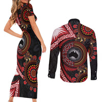 Tonga and Australia Together Couples Matching Short Sleeve Bodycon Dress and Long Sleeve Button Shirt Ngatu Art Tribal Aboriginal Tattoo Pattern