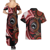 Tonga and Australia Together Couples Matching Summer Maxi Dress and Hawaiian Shirt Ngatu Art Tribal Aboriginal Tattoo Pattern