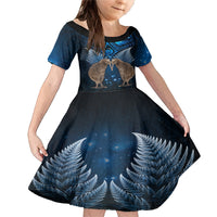 New Zealand Maori Matariki Family Matching Mermaid Dress and Hawaiian Shirt Hongi Kiwi Bird and Silver Fern LT03 Daughter's Dress Blue - Polynesian Pride