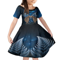 New Zealand Maori Matariki Family Matching Short Sleeve Bodycon Dress and Hawaiian Shirt Hongi Kiwi Bird and Silver Fern LT03 Daughter's Dress Blue - Polynesian Pride