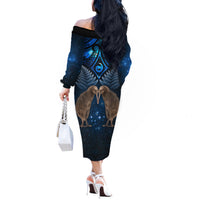 New Zealand Maori Matariki Off The Shoulder Long Sleeve Dress Hongi Kiwi Bird and Silver Fern LT03 - Polynesian Pride
