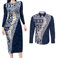 Hawaii Plumeria Tribal Vintage Couples Matching Long Sleeve Bodycon Dress and Long Sleeve Button Shirt Special Blue LT03 Blue - Polynesian Pride