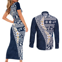 Hawaii Plumeria Tribal Vintage Couples Matching Short Sleeve Bodycon Dress and Long Sleeve Button Shirt Special Blue LT03 - Polynesian Pride