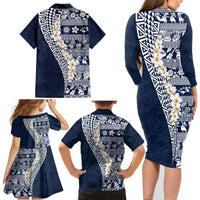 Hawaii Plumeria Tribal Vintage Family Matching Long Sleeve Bodycon Dress and Hawaiian Shirt Special Blue